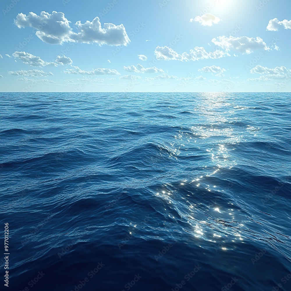 Tranquil blue ocean with gentle waves and a bright sun in the sky. Tranquil blue ocean with gentle waves and a bright sun in the sky.