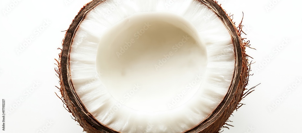 A cross-section of a coconut, showcasing its white flesh and brown husk, isolated on a white background. A cross-section of a coconut, showcasing its white flesh and brown husk, isolated on a white background.