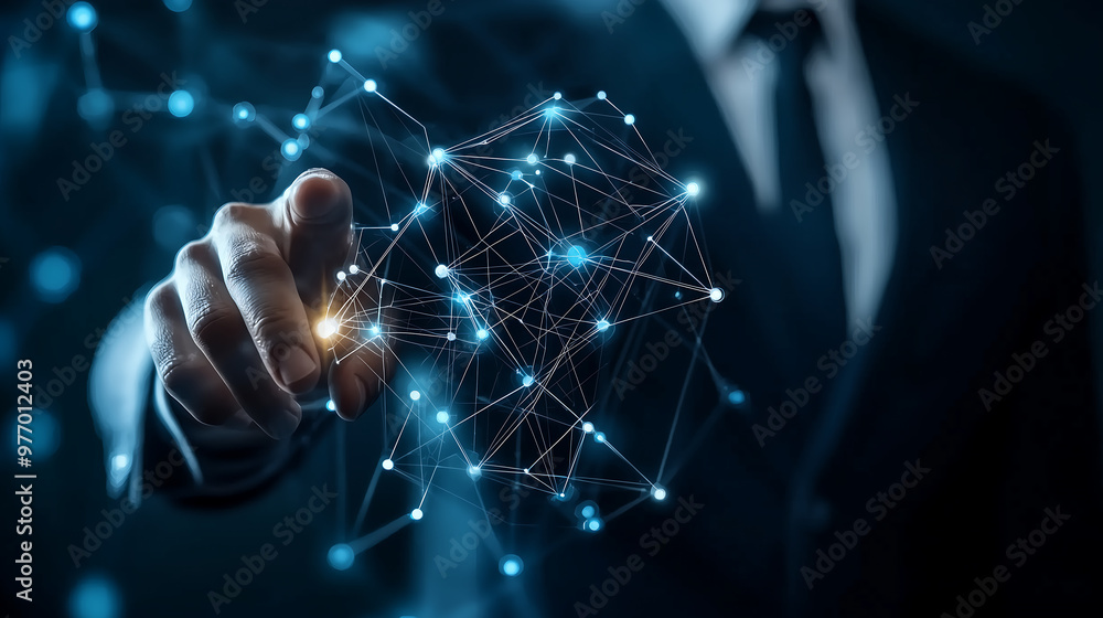 Businessman touching a digital connection network on a virtual screen a technology and business concept Businessman touching a digital connection network on a virtual screen a technology and business concept