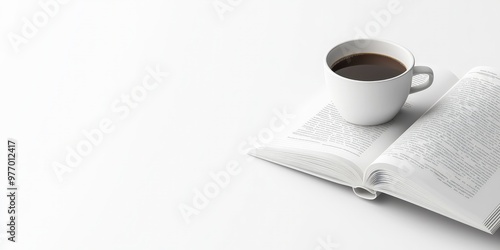 A white cup of coffee sits atop an open book, its pages filled with words, against a minimalist white background.