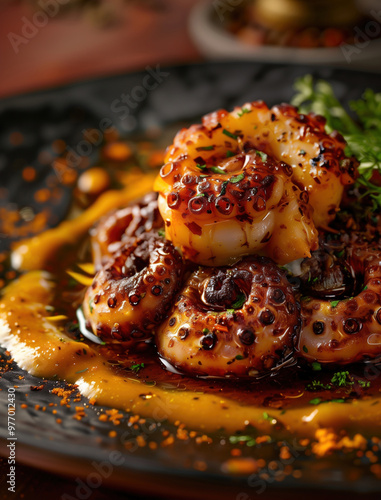 Close up view of Spanish Pulpo a la Gallega with herb garnish on black plate