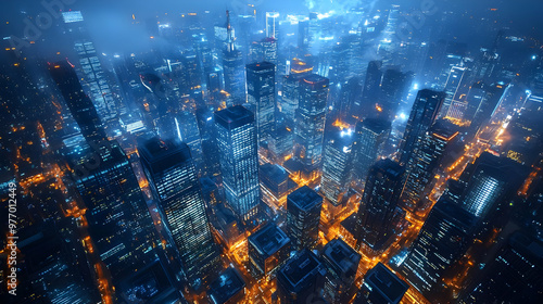 An aerial view of a bustlin...
