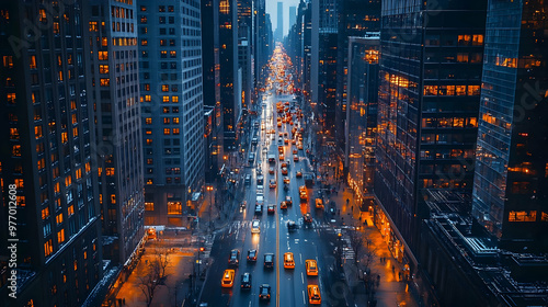 An aerial view of a busy ci...
