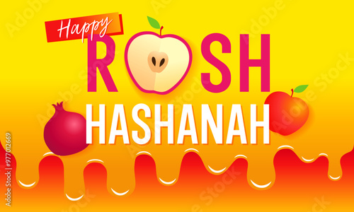 Happy Rosh Hashanah vector design with typography pomegranate apple and honey. Celebrate Jewish New Year with joy and warmth. Vector illustration
