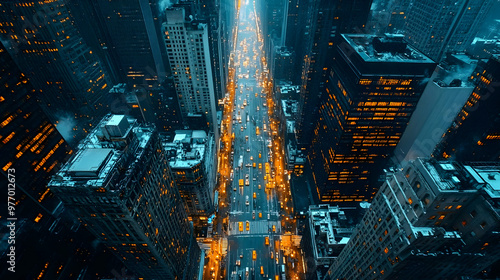 An aerial view of a busy ci...