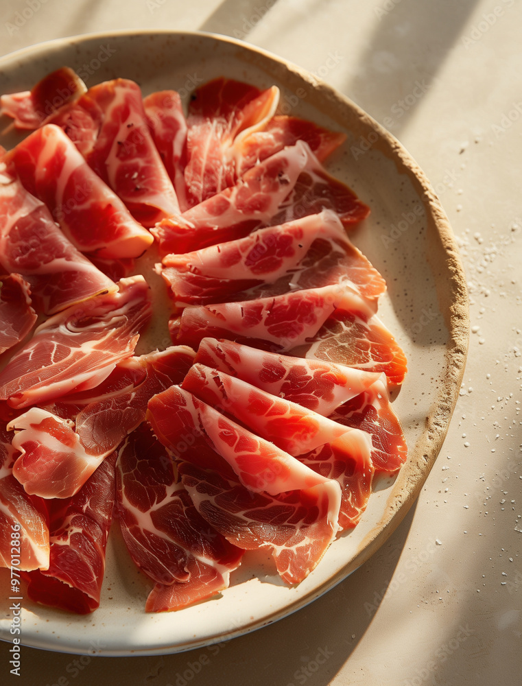 Top view of Jamon Iberico slices on a rustic wooden plate, beige background Top view of Jamon Iberico slices on a rustic wooden plate, beige background