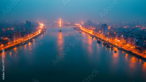 An aerial view of a city at night, with a river flowing through it and bridges lit up.