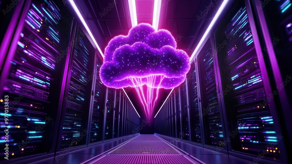 Futuristic Cloud Servers in Data Center - Technology and Innovation Concept with Copy Space for Text Futuristic Cloud Servers in Data Center - Technology and Innovation Concept with Copy Space for Text
