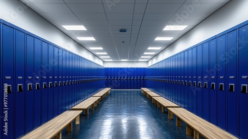 Blue Lockers with Wooden Benches in Hallway photo