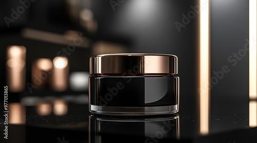 Black and gold jar with a lid on a black background. photo