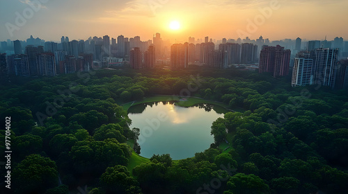 An aerial view of a city park with a lake in the center at sunset. The sun is setting behind the city skyline.