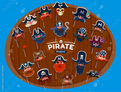 Pirate carnival and photo booth masks with vector hats, bandanas and beards. Cartoon face masks on sticks with costumes of pirate captain, sailor, corsair and skull, black eye patch and tricorn hats