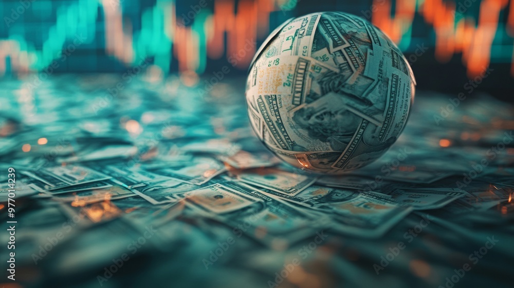 a ball of paper currency get larger and larger with a background of financial data like the graph of stock price in the trading floor a ball of paper currency get larger and larger with a background of financial data like the graph of stock price in the trading floor