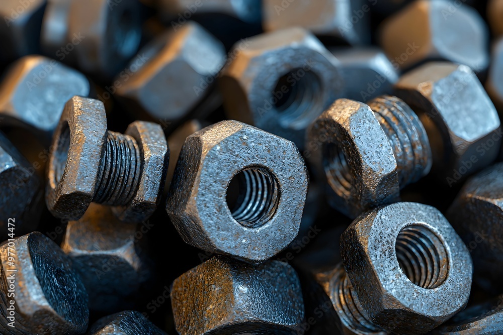 Close-up view of metallic nuts stacked together in a workshop Close-up view of metallic nuts stacked together in a workshop