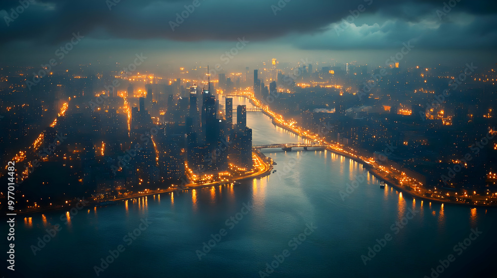Fototapeta premium An aerial view of a city skyline at night with a river running through it. The city is illuminated by streetlights and the sky is cloudy.