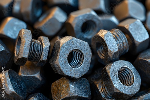 Close-up view of metallic nuts stacked together in a workshop photo