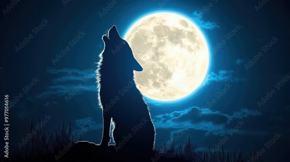 Fototapeta Wolf Howling at the Full Moon Night Sky Silhouette