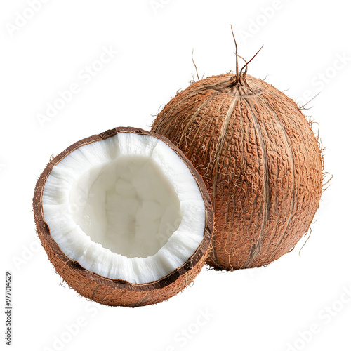 Half coconut fruit and whole coconut isolated on black background