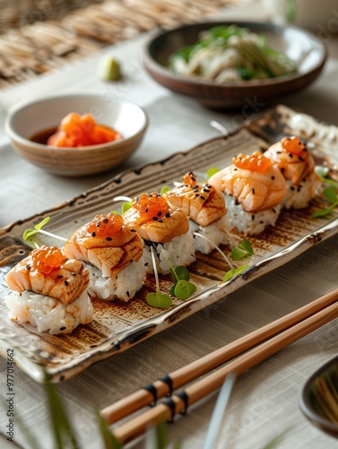 Hokkigai Nigiri, surf clam sushi on rice, traditional Japanese sushi on ceramic plate, close up photo with light background