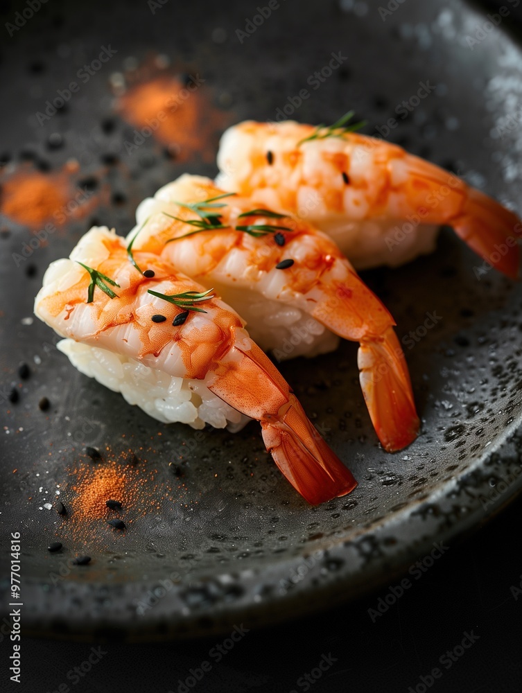 Japanese Ebi Nigiri shrimp sushi with rosemary on a dark background, close up Japanese Ebi Nigiri shrimp sushi with rosemary on a dark background, close up