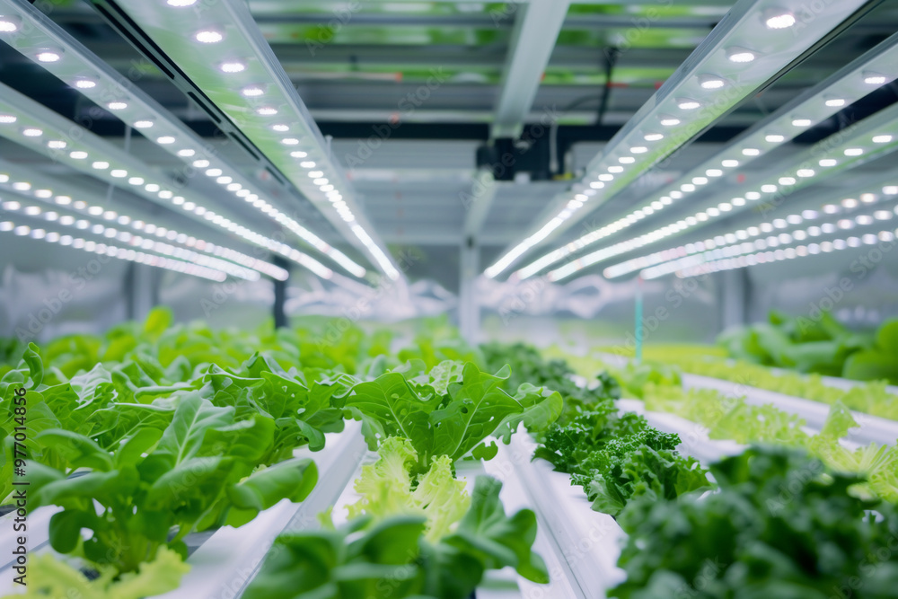 Hydroponic Farm with Rows of Green Plants Under LED Lights Hydroponic Farm with Rows of Green Plants Under LED Lights