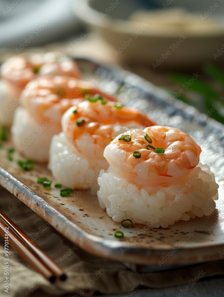 Japanese Ebi Nigiri shrimp sushi with rosemary on a light background Japanese Ebi Nigiri shrimp sushi with rosemary on a light background
