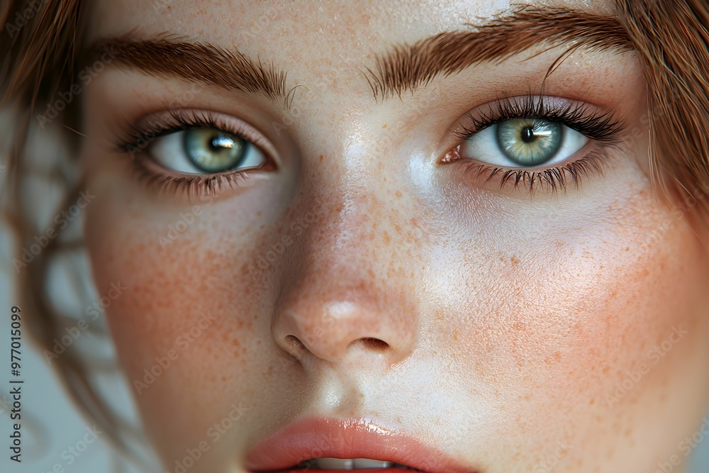 Fototapeta premium Close-up of a person with striking green eyes and freckles