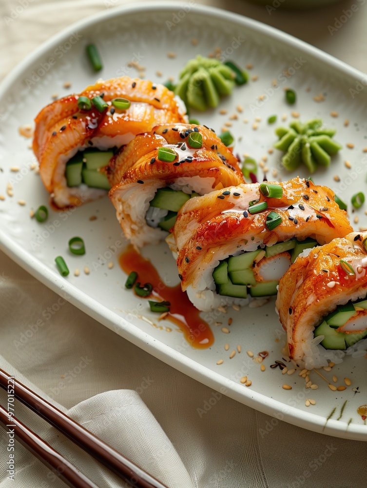Japanese sushi Dragon Roll with eel, cucumber, and avocado topped with unagi sauce on a light background Japanese sushi Dragon Roll with eel, cucumber, and avocado topped with unagi sauce on a light background