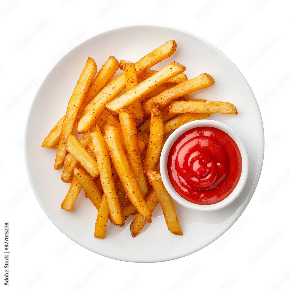 Plate of crispy golden French fries served with ketchup dip Plate of crispy golden French fries served with ketchup dip