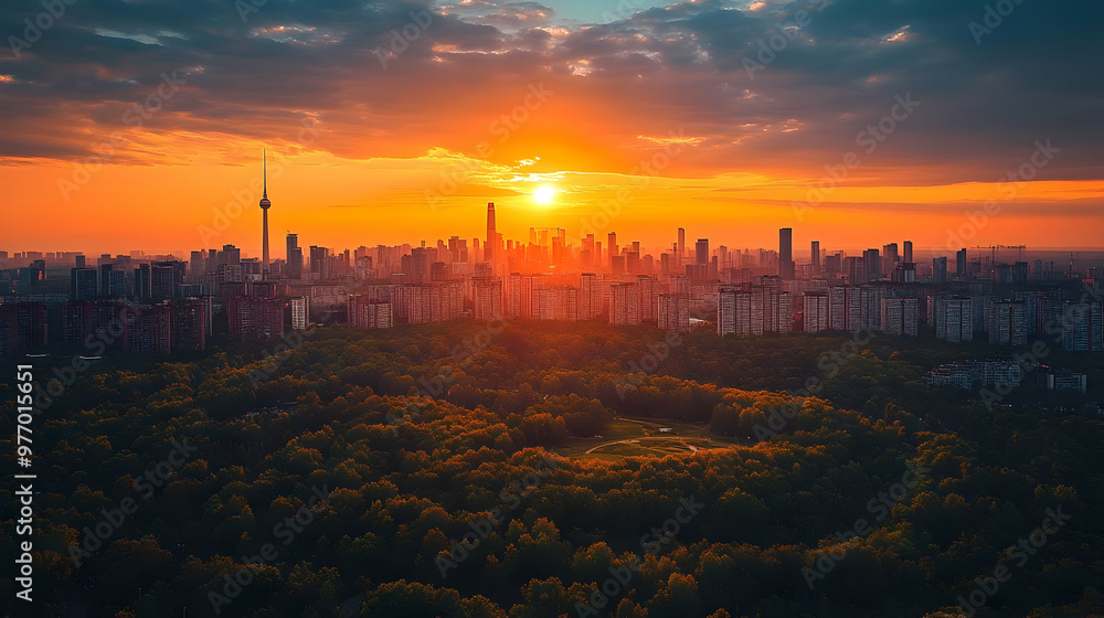 Fototapeta premium An aerial view of a city skyline at sunset with a large park in the foreground. The sun is setting behind the city, casting a warm glow on the buildings and trees.