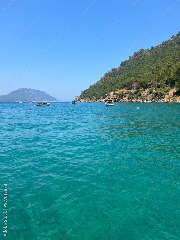 Fototapeta premium holiday summer turkey antalya turk beach ocean sand mountain boats sea trees nature sun hot weather swiming lake view 