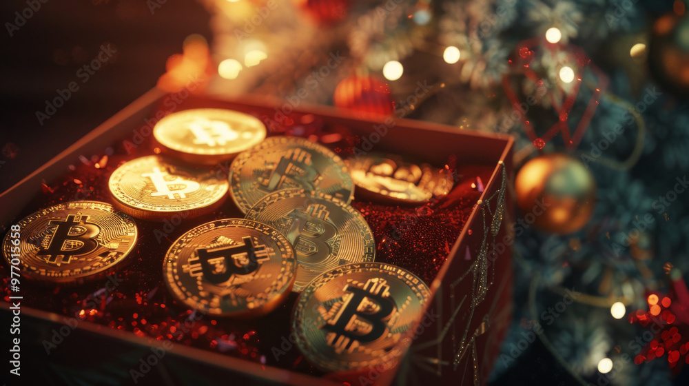 Fototapeta premium Christmas Gift Box with Bitcoin Coins and Festive Tree Background