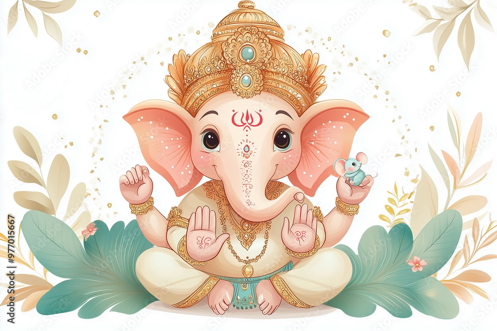 Naklejka premium Cute Baby Ganesha in a Serene Garden drawing, embodying the spirit with its charm and vibrancy. 