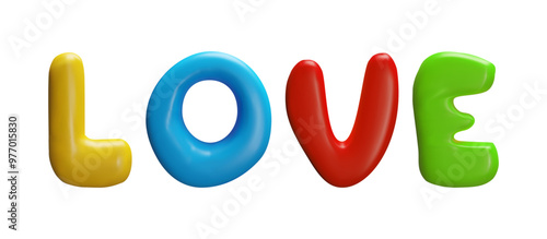 Realistic 3D glossy multicolored capital letter word LOVE, vector volume typing romance text from plasticine texture