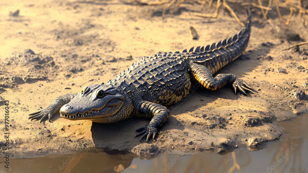 A crocodile sunbathing on a riverbank in the savannah. A crocodile sunbathing on a riverbank in the savannah.
