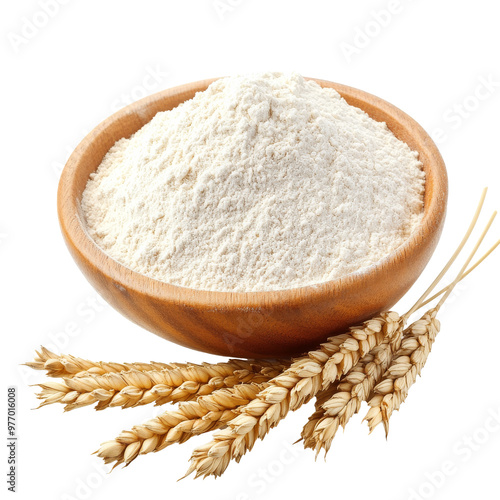 Flour in a wooden bowl with wheat stalks beside it transparent