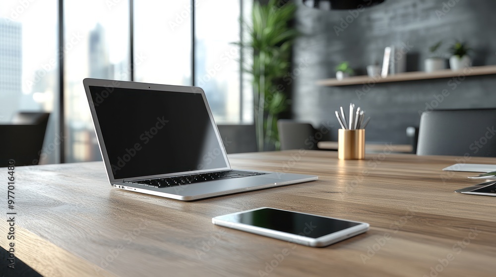 Laptop and Phone on a Desk in a Modern Office Laptop and Phone on a Desk in a Modern Office