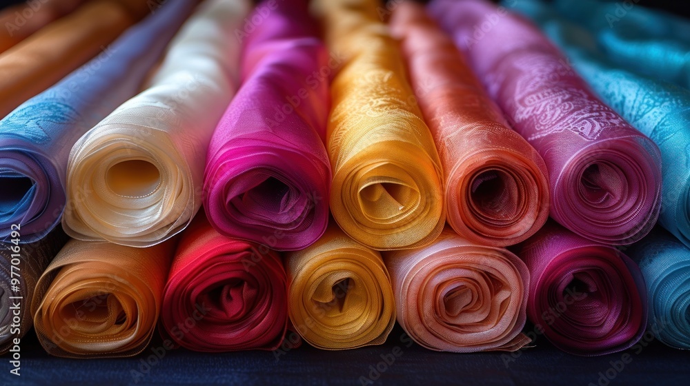 Vibrant rolls of colorful fabric neatly arranged in a cozy textile shop during a sunny afternoon. Generative AI Vibrant rolls of colorful fabric neatly arranged in a cozy textile shop during a sunny afternoon. Generative AI