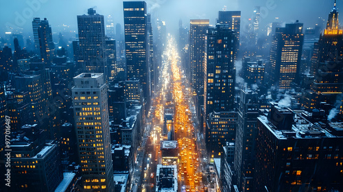 An aerial view of a city skyline with snow-covered buildings and a busy street below.