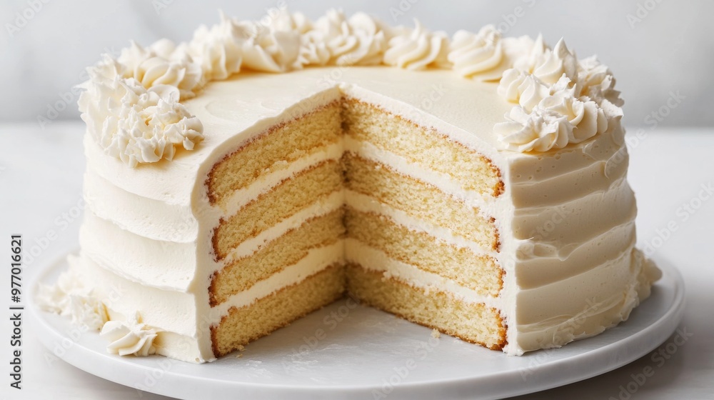 A classic vanilla cake with white frosting and delicate floral decorations, presented on a white surface to highlight its pristine appearance and design.