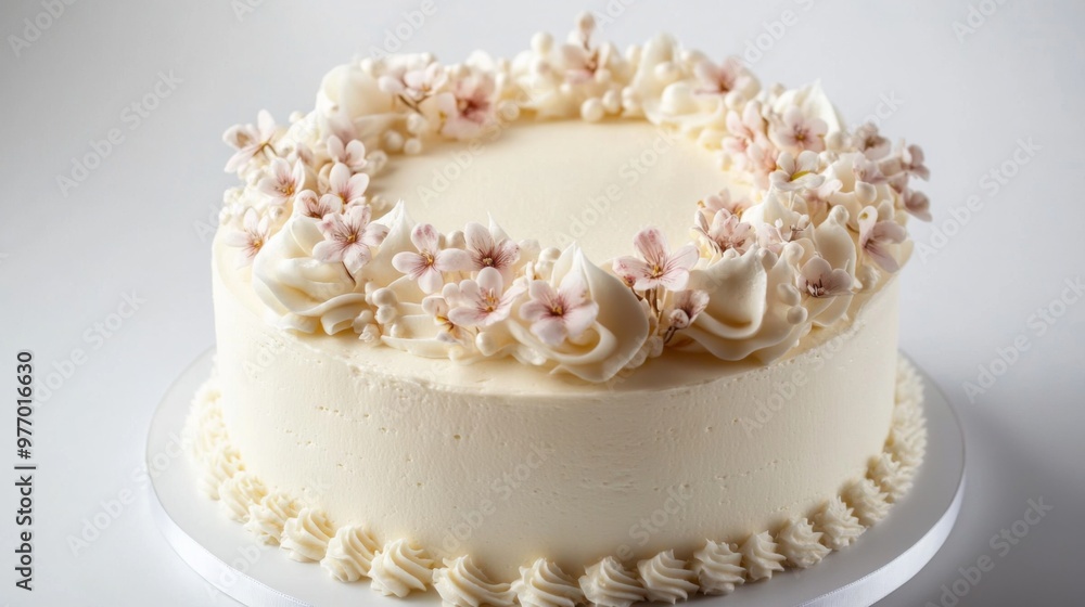 A classic vanilla cake with white frosting and delicate floral decorations, presented on a white surface to highlight its pristine appearance and design. A classic vanilla cake with white frosting and delicate floral decorations, presented on a white surface to highlight its pristine appearance and design.