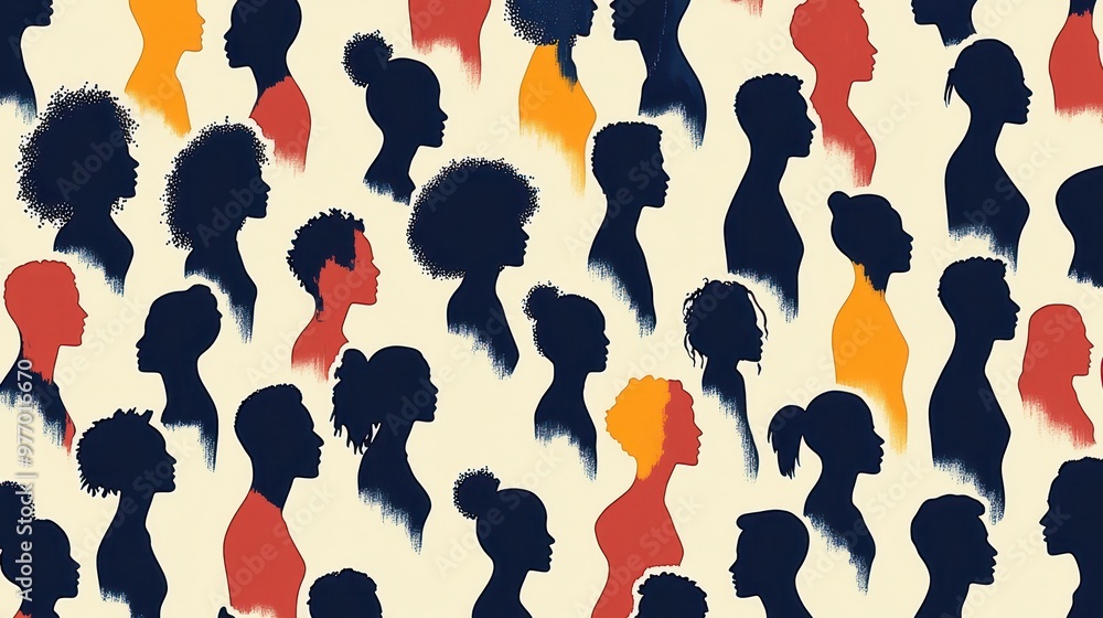 Diverse Silhouettes of People in a Crowd Profile View Multicolored Abstract Background Diverse Silhouettes of People in a Crowd Profile View Multicolored Abstract Background