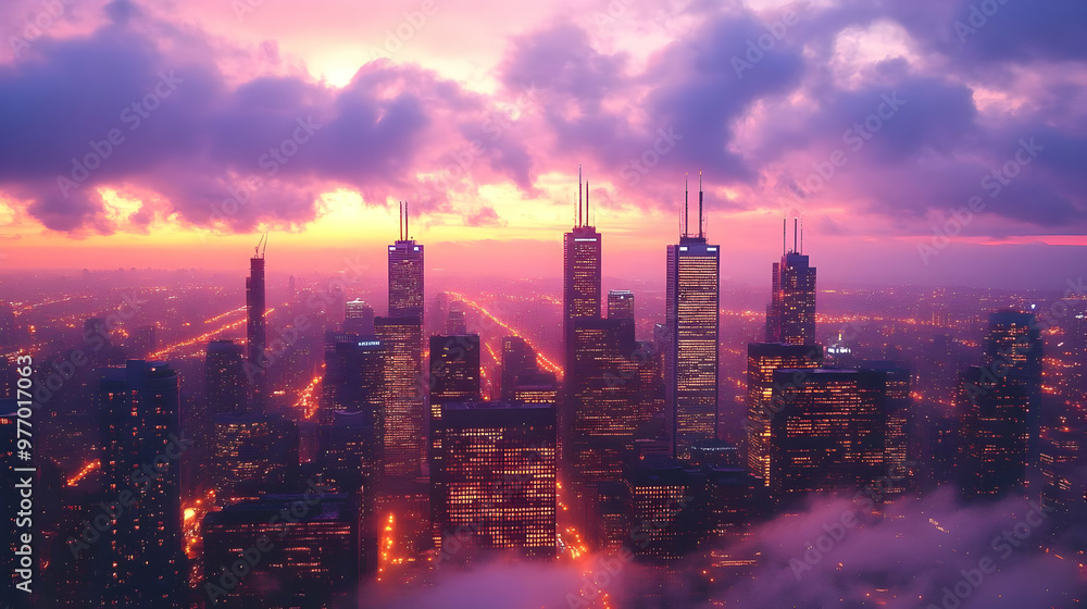 Fototapeta premium An aerial view of a cityscape at sunset with a dramatic sky.