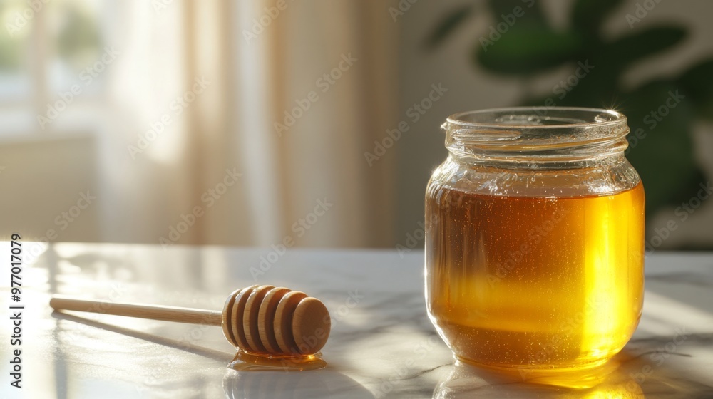 A clear jar of honey with a honey dipper next to it, placed on a marble countertop with a soft, blurred background to emphasize the purity and quality of the honey. A clear jar of honey with a honey dipper next to it, placed on a marble countertop with a soft, blurred background to emphasize the purity and quality of the honey.