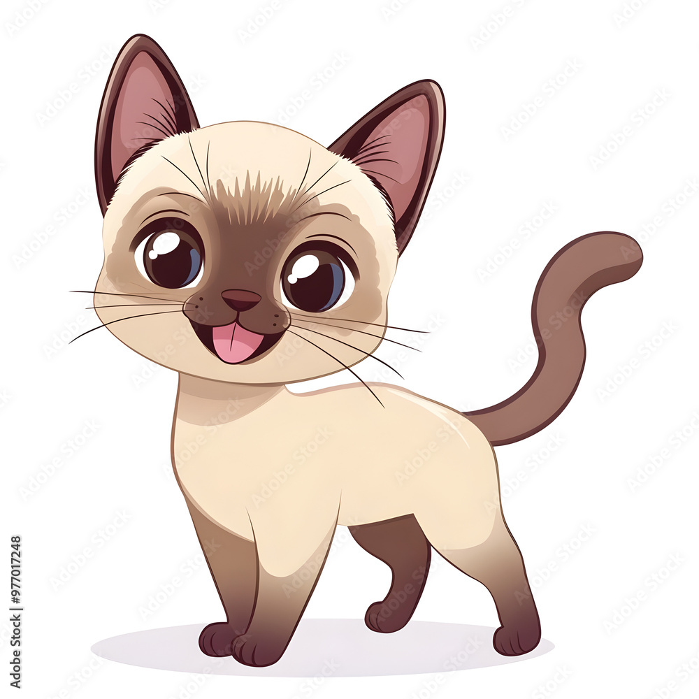 Obraz premium Adorable Chibi Style Siamese Cat with Wagging Tail in Pastel Colors on Isolated White Background