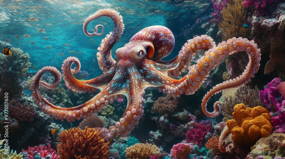A large octopus swimming gracefully through a colorful coral reef A large octopus swimming gracefully through a colorful coral reef