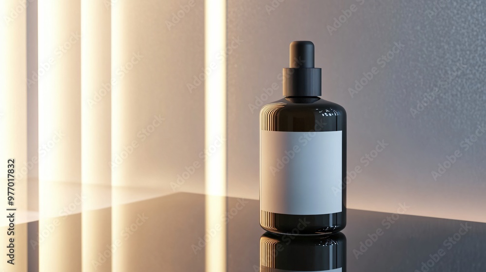 Black bottle with dropper and blank label mockup on a reflective surface with light strips behind it. Black bottle with dropper and blank label mockup on a reflective surface with light strips behind it.