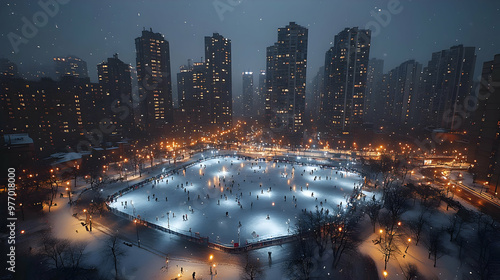An aerial view of a lit up ...