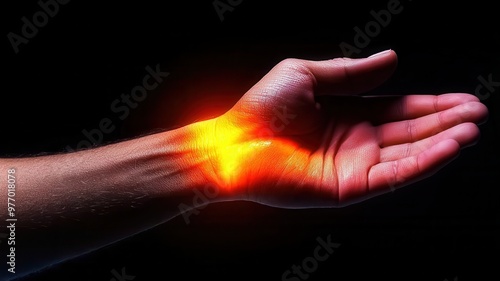 A close-up of a human hand with a glowing light emanating from the wrist, symbolizing energy, healing, or vitality on a dark background.