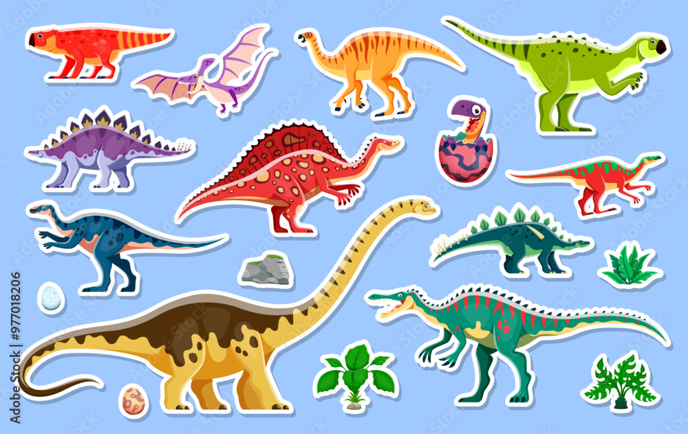 Dinosaur characters stickers pack. Vector patches set with colorful dino species, eggs, rocks and plants. Prehistoric reptile creatures adhesive decorative decals for school children fun and education Dinosaur characters stickers pack. Vector patches set with colorful dino species, eggs, rocks and plants. Prehistoric reptile creatures adhesive decorative decals for school children fun and education